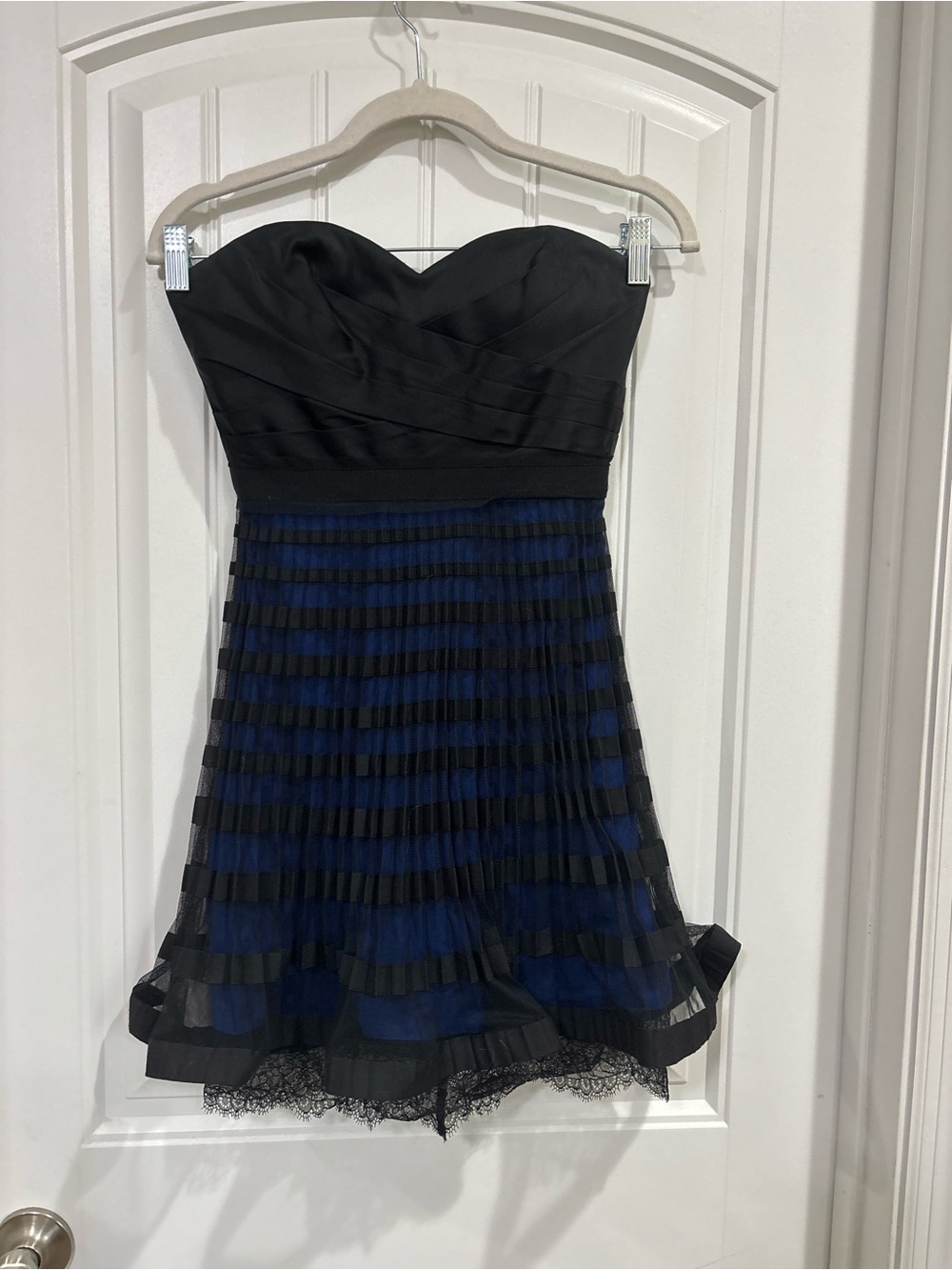 BCBG Strapless Black and Blue Pleated Cocktail Dress